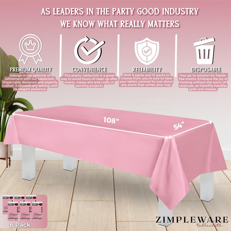 ZIMPLEWARE Premium Pink Plastic Table Cloth Disposable (6 Pk) Plastic Tablecloths for Rectangle Tables (54in x 108in) Party Table Cloths Disposable for 6ft to 8ft Rectangle Tables - Image 3
